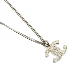 Chanel CC Crystal Silver Tone Pendant Necklace