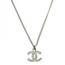 Chanel CC Crystal With Pearl Rhinestone Necklace Silver Tone 17K