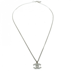 Chanel CC Crystal Silver Tone Pendant Necklace