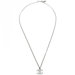 Chanel CC Crystal Silver Tone Pendant Necklace