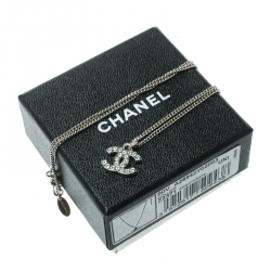 Chanel CC Crystal Silver Tone Pendant Necklace