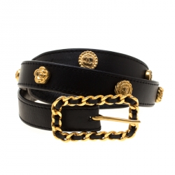 Pre Owned حزام شانيل جلد أسود ومعدن مقاس 70سم