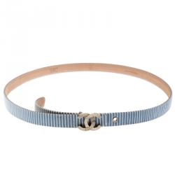 مملوكة مسبقًا حزام شانيل أزرق/أبيض قماش مخطط إبزيم CC  مقاس 75 سم