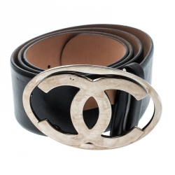 Pre Owned حزام عريض شانيل بإبزيم شعار CC جلد أسود 85 سم