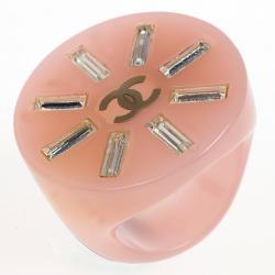 Pre Owned Chanel Crystal Pink Resin Ring Size 54