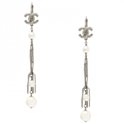 مملوكة مسبقًا Chanel  CC Silver Tone Faux Pearl Long Dangle Earrings