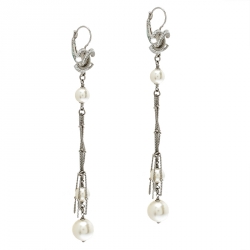 مملوكة مسبقًا Chanel  CC Silver Tone Faux Pearl Long Dangle Earrings