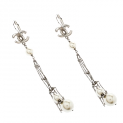 مملوكة مسبقًا Chanel  CC Silver Tone Faux Pearl Long Dangle Earrings