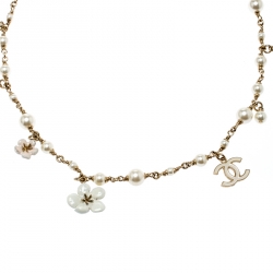 Pre Owned Chanel CC Camellia Charms Faux Pearl Gold Tone Headband