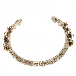 مملوكة مسبقًا Chanel CC Faux Pearl Floral Engraved Gold Tone Open Cuff Bracelet