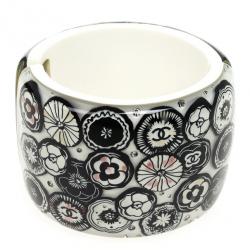 Pre Owned Chanel Black & White Camellia Crystal Cuff Bracelet