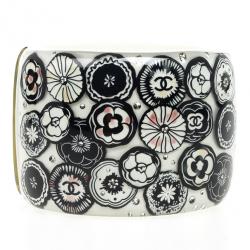 Pre Owned Chanel Black & White Camellia Crystal Cuff Bracelet