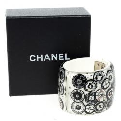 Pre Owned Chanel Black & White Camellia Crystal Cuff Bracelet