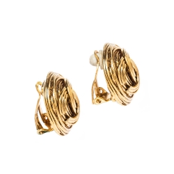Pre Owned Chanel CC Textured Gold Tone Round Clip-on Stud Earrings 