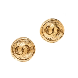 Pre Owned Chanel CC Textured Gold Tone Round Clip-on Stud Earrings 
