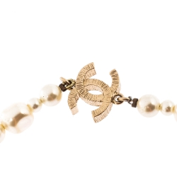 Pre Owned Chanel CC Faux Pearl Gold Tone Long Strand Necklace 