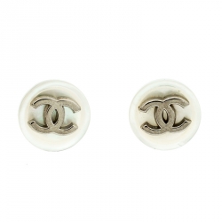 Pre Owned Chanel CC Mother of Pearl Round Button Stud Earrings
