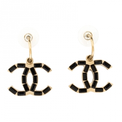 Chanel CC Black Crystal Baguette Gold Tone Drop Earrings Chanel