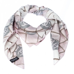 Pre Owned Chanel Light Pink And Grey Printed Silk Camellia Scarf
