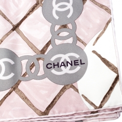 Pre Owned Chanel Light Pink And Grey Printed Silk Camellia Scarf