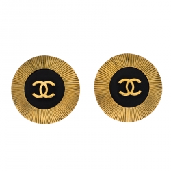 Chanel CC Black Textured Gold Tone Round Clip-on Stud Earrings