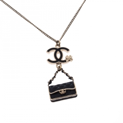Chanel CC Black Enamel Gold Tone Flap Bag Charm Pendant Necklace Chanel