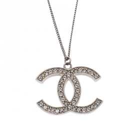 Chanel Silver Tone Crystal CC Pendant Necklace Chanel