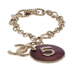 Chanel CC 5 Charm Red Enamel Chain Link Gold Tone Bracelet Chanel