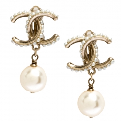 Pre Owned Chanel CC Faux Pearl Gold Tone Clip-on Drop Earrings