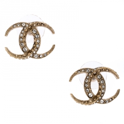 Pre Owned Chanel CC Crystal Moon Gold Tone Stud Earrings