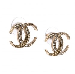 Pre Owned Chanel CC Crystal Moon Gold Tone Stud Earrings