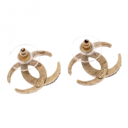 Pre Owned Chanel CC Crystal Moon Gold Tone Stud Earrings