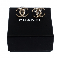 Pre Owned Chanel CC Crystal Moon Gold Tone Stud Earrings