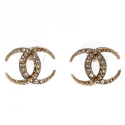 Pre Owned Chanel CC Crystal Moon Gold Tone Stud Earrings