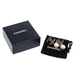 Pre Owned Chanel CC Pale Gold Tone Faux Pearl Drop Clip On Earrings
