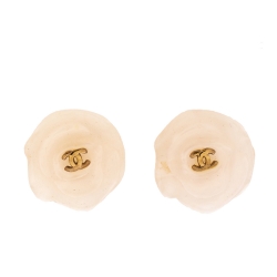 مملوكة مسبقًا Chanel CC Camellia White Resin Gold Tone Stud Earrings