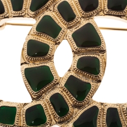 مملوكة مسبقًا Chanel CC Green Enamel Gold Tone Pin Brooch