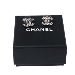 Pre Owned Chanel CC Silver Tone Crystal Stud Earrings