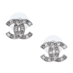 Pre Owned Chanel CC Silver Tone Crystal Stud Earrings