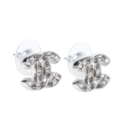 Pre Owned Chanel CC Silver Tone Crystal Stud Earrings