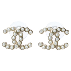 Chanel CC Faux Pearl Gold Tone Stud Earrings Chanel
