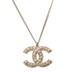 New Chanel Pale Gold 2022 Crystal Faux Pearl Pendant Necklace