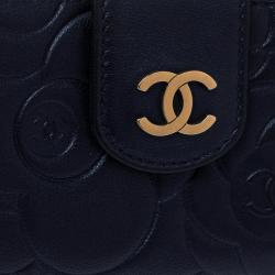 Pre Owned Chanel Metallic Navy Blue Camellia Embossed Leather Phone Pouch