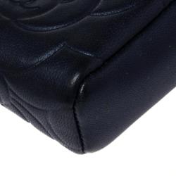 Pre Owned Chanel Metallic Navy Blue Camellia Embossed Leather Phone Pouch