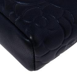 Pre Owned Chanel Metallic Navy Blue Camellia Embossed Leather Phone Pouch