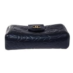 Pre Owned Chanel Metallic Navy Blue Camellia Embossed Leather Phone Pouch