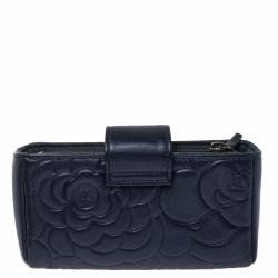 Pre Owned Chanel Metallic Navy Blue Camellia Embossed Leather Phone Pouch