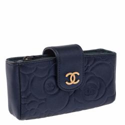 Pre Owned Chanel Metallic Navy Blue Camellia Embossed Leather Phone Pouch