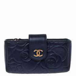 Pre Owned Chanel Metallic Navy Blue Camellia Embossed Leather Phone Pouch