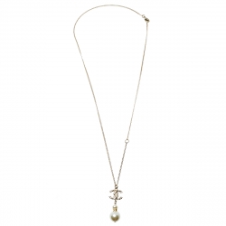 Chanel Gold Tone Crystal Pearl Twisted CC Drop Pendant Necklace Chanel